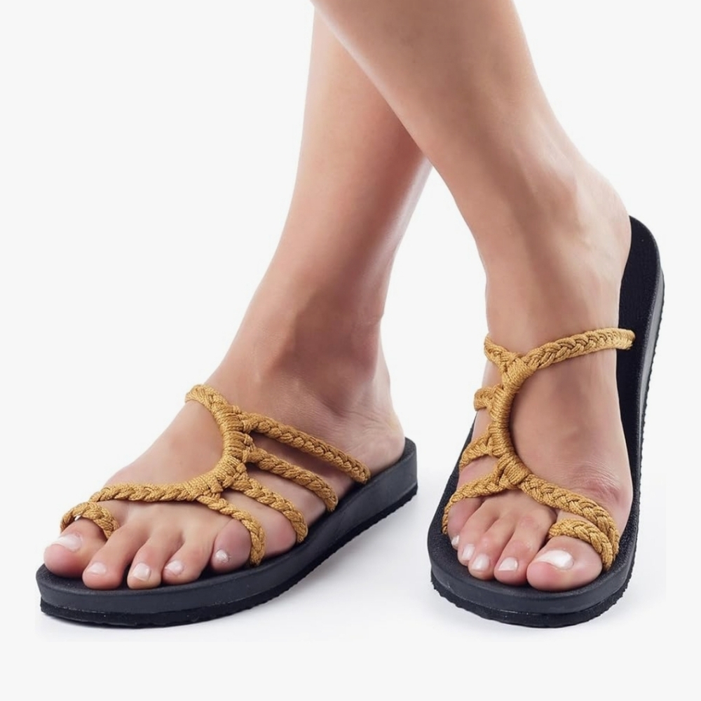 Black Sandals with Tan Braided Straps